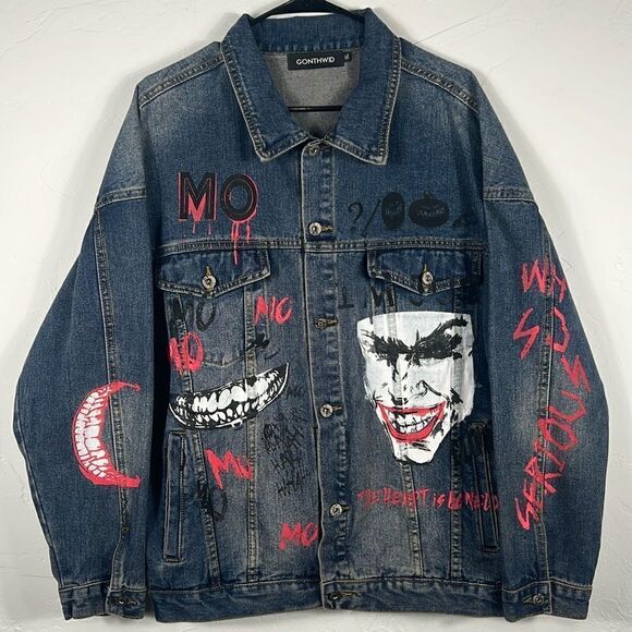 🔥 “RARE” THE JOKER Batman DENIM JEAN JACKET “Trucker Style” - Sz XL - PERFECT - Picture 1 of 11